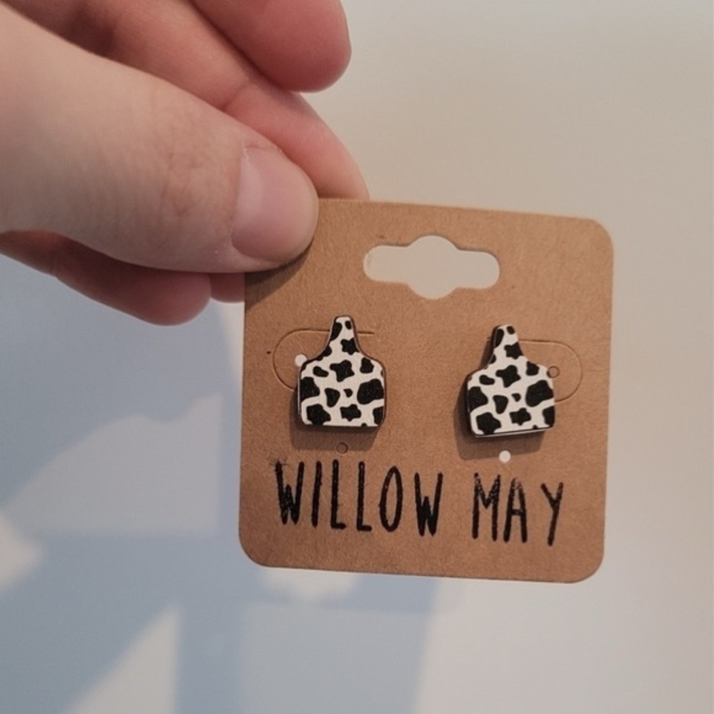 Willow May Wooden Cowprint Tag Stud Earrings